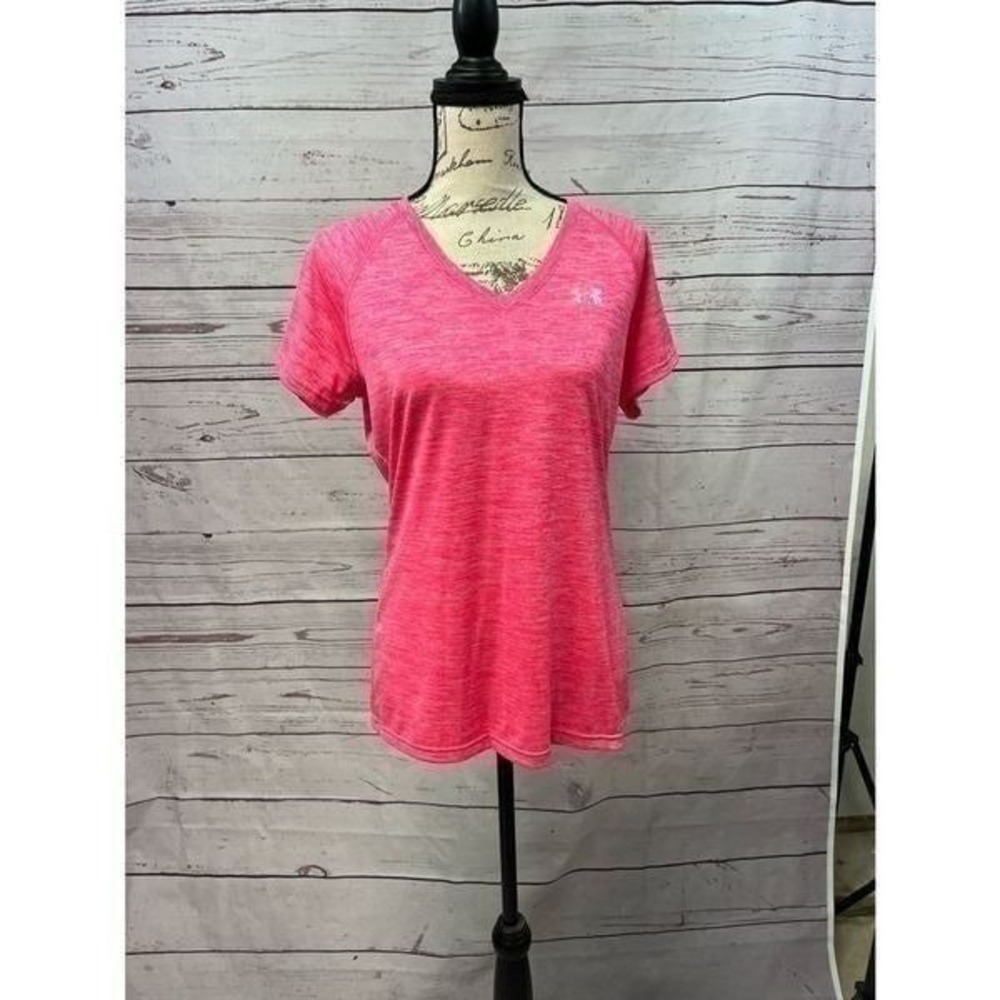 Fila Sport Womens Pink Space Dye V-Neck Activewear Short Sleeve T-Shirt Medium